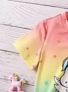 SHEIN 女小童卡通漸變色休閒可愛獨角獸T恤適合夏天,常規袖,圓領 - 彩色 - 查看 5