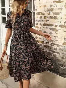 SHEIN Clasi All Over Floral Print Belted Shirt Dress - Black - View 1