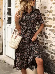 SHEIN Clasi All Over Floral Print Belted Shirt Dress - Black - View 3