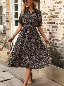 SHEIN Clasi All Over Floral Print Belted Shirt Dress - Black - View 5