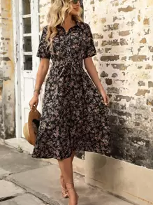 SHEIN Clasi All Over Floral Print Belted Shirt Dress - Black - View 6