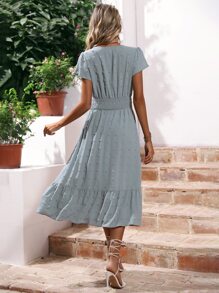 SHEIN Holidaya Vestido de lunares de manga mariposa bajo con fruncido - Azul - Ver 2