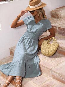 SHEIN Holidaya Vestido de lunares de manga mariposa bajo con fruncido - Azul - Ver 4