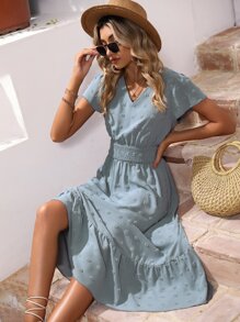 SHEIN Holidaya Vestido de lunares de manga mariposa bajo con fruncido - Azul - Ver 6