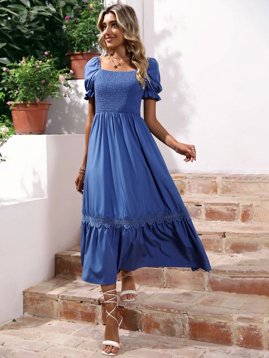SHEIN VCAY Vestido con encaje con diseño fruncido bajo con fruncido - Azul - Ver 1