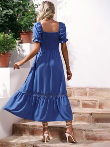 SHEIN VCAY Vestido con encaje con diseño fruncido bajo con fruncido - Azul - Ver 2