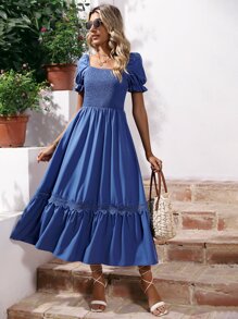 SHEIN VCAY Vestido con encaje con diseño fruncido bajo con fruncido - Azul - Ver 3