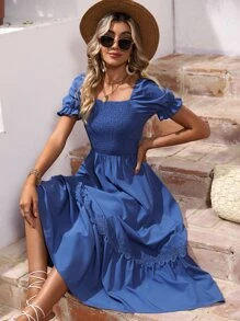 SHEIN VCAY Vestido con encaje con diseño fruncido bajo con fruncido - Azul - Ver 5