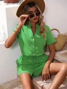 SHEIN VCAY Mono de cuello notch con nudo delantero con bolsillos oblicuos - Verde - Ver 6