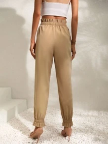 Chiquease Pantalones de cintura con volante bajo con fruncido - Caqui - Ver 2