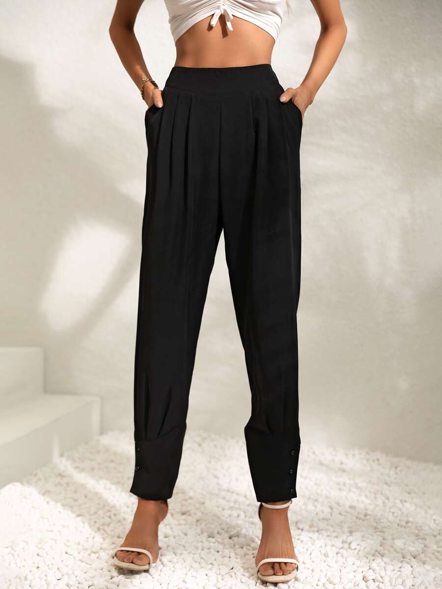 SHEIN Essnce Solid Fold Pleated Slant Pocket Carrot Trousers - Black - View 1