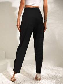 SHEIN Essnce Solid Fold Pleated Slant Pocket Carrot Trousers - Black - View 2