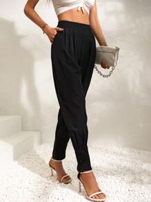 SHEIN Essnce Solid Fold Pleated Slant Pocket Carrot Trousers - Black - View 3