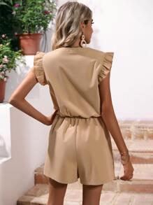 SHEIN VCAY Button Front Ruffle Sleeve Slant Pockets Romper - Khaki - View 2