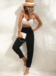 SHEIN Essnce Solid Fold Pleated Slant Pocket Carrot Trousers - Black - View 6