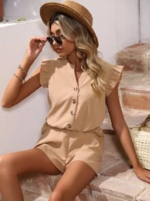 SHEIN VCAY Button Front Ruffle Sleeve Slant Pockets Romper - Khaki - View 6
