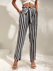 SHEIN Holidaya Striped Print Paperbag Waist Belted Trousers - Black and White - View 3