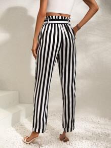 SHEIN Holidaya Striped Print Paperbag Waist Belted Trousers - Black and White - View 2