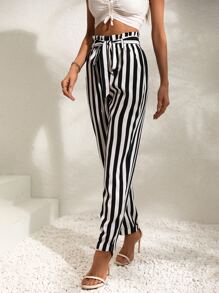 SHEIN Holidaya Striped Print Paperbag Waist Belted Trousers - Black and White - View 4
