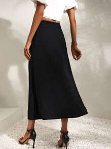 SHEIN Holidaya High Waist Button Front Skirt - Black - View 2