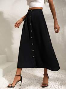 SHEIN Holidaya High Waist Button Front Skirt - Black - View 5