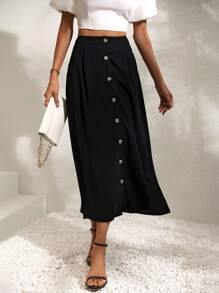 SHEIN Holidaya High Waist Button Front Skirt - Black - View 6