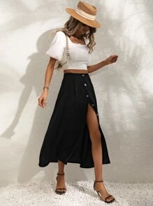 SHEIN Holidaya High Waist Button Front Skirt - Black - View 3