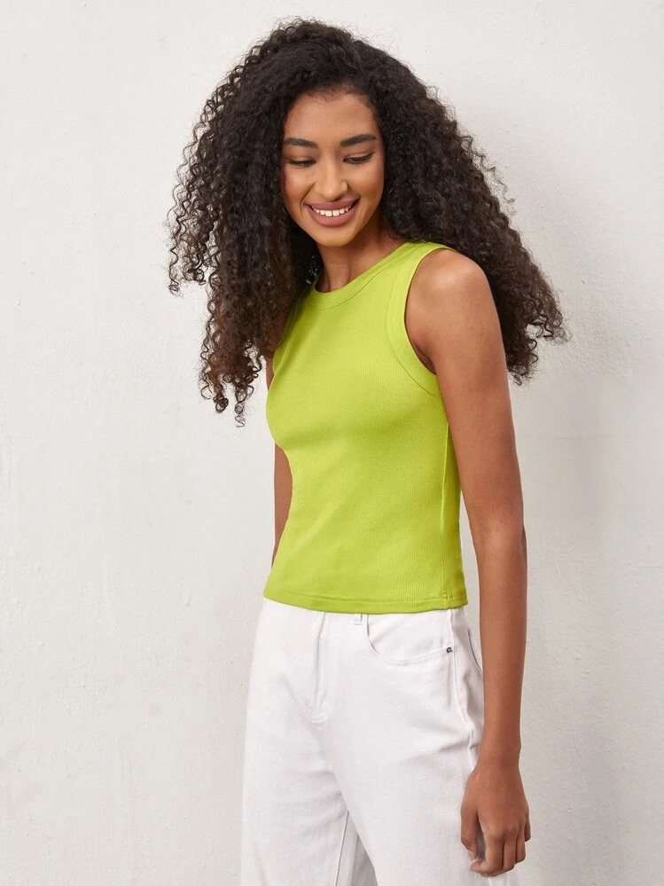 SHEIN BASICS 1pc Solid Slim Tank Top - Lime Green - View 5