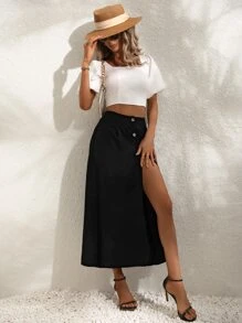 SHEIN Holidaya High Waist Button Front Skirt - Black - View 7