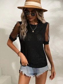 SHEIN LUNE Contrast Mesh Puff Sleeve Eyelet Embroidery Top - Black - View 3