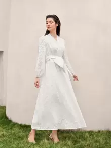 Modelyn 燈籠袖金屬扣環腰帶蕾絲洋裝 - 白色 - 查看 5