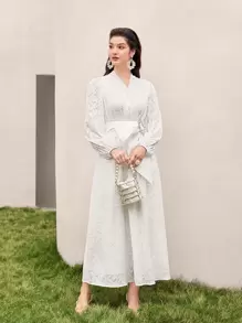 Modelyn 燈籠袖金屬扣環腰帶蕾絲洋裝 - 白色 - 查看 6