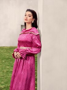 Modelyn Jacquard Ruffle Trim Flounce Sleeve Dress - Hot Pink - View 3