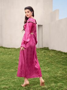 Modelyn Jacquard Ruffle Trim Flounce Sleeve Dress - Hot Pink - View 2