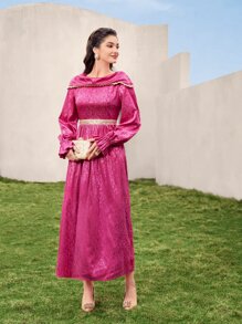 Modelyn Jacquard Ruffle Trim Flounce Sleeve Dress - Hot Pink - View 1