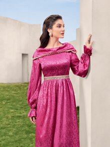 Modelyn Jacquard Ruffle Trim Flounce Sleeve Dress - Hot Pink - View 4