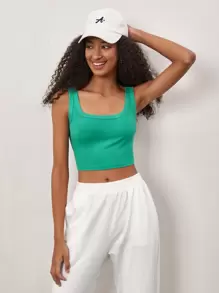 SHEIN BASICS 素色短款背心 - 綠色 - 查看 5