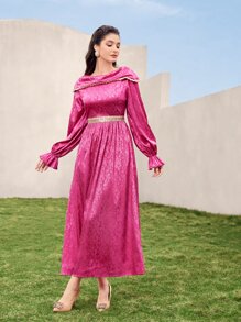 Modelyn Jacquard Ruffle Trim Flounce Sleeve Dress - Hot Pink - View 5