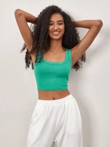 SHEIN BASICS 素色短款背心 - 綠色 - 查看 6