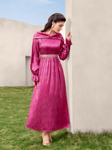 Modelyn Jacquard Ruffle Trim Flounce Sleeve Dress - Hot Pink - View 6