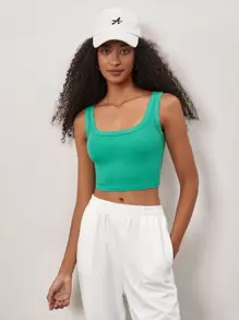 SHEIN BASICS 素色短款背心 - 綠色 - 查看 7