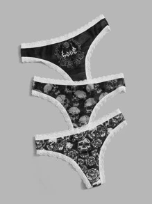 ROMWE Goth 3pack Skull Print Contrast Lace Panty Set - Black - View 5