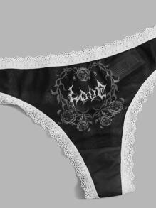 ROMWE Goth 3pack Skull Print Contrast Lace Panty Set - Black - View 3