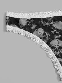 ROMWE Goth 3pack Skull Print Contrast Lace Panty Set - Black - View 4