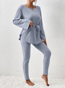 SHEIN Essnce Ribbed Knit Belted Tee & Leggings - Dusty Blue - View 1