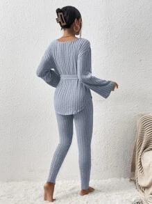 SHEIN Essnce Ribbed Knit Belted Tee & Leggings - Dusty Blue - View 2