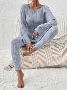 SHEIN Essnce Ribbed Knit Belted Tee & Leggings - Dusty Blue - View 3
