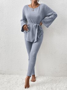 SHEIN Essnce Ribbed Knit Belted Tee & Leggings - Dusty Blue - View 5
