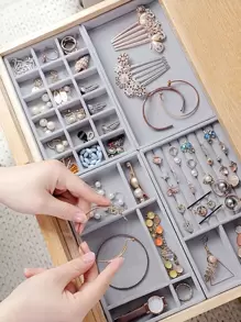 1入組抽屜存儲多隔層灰色植絨布首飾托盤 - 灰色 - 查看 5