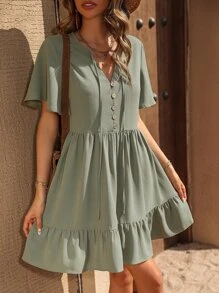 SHEIN VCAY Vestido smock de manga mariposa de cuello con cordón bajo con fruncido - verde menta - Ver 1